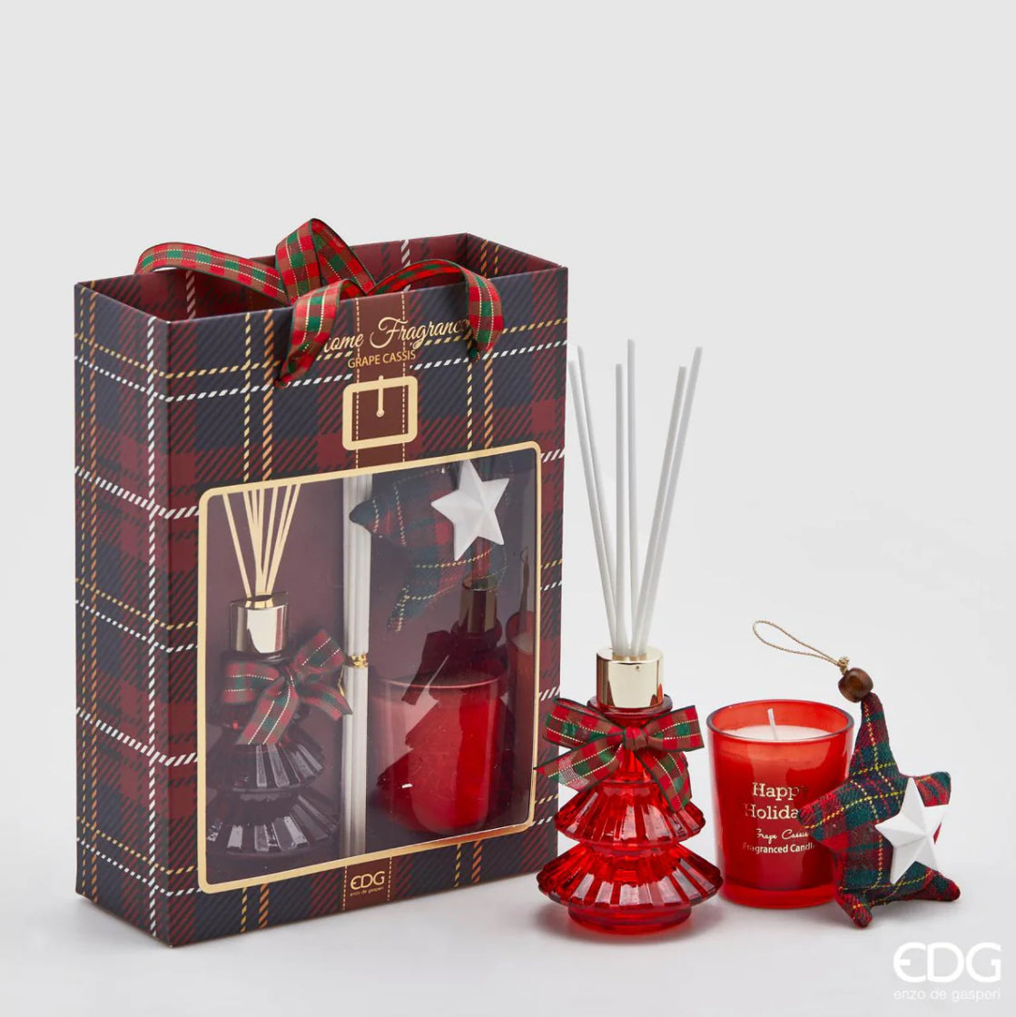 Set 3 pz Profumatore Pino Natale+ Candela+Cuscino Uva Rossa 70 ml